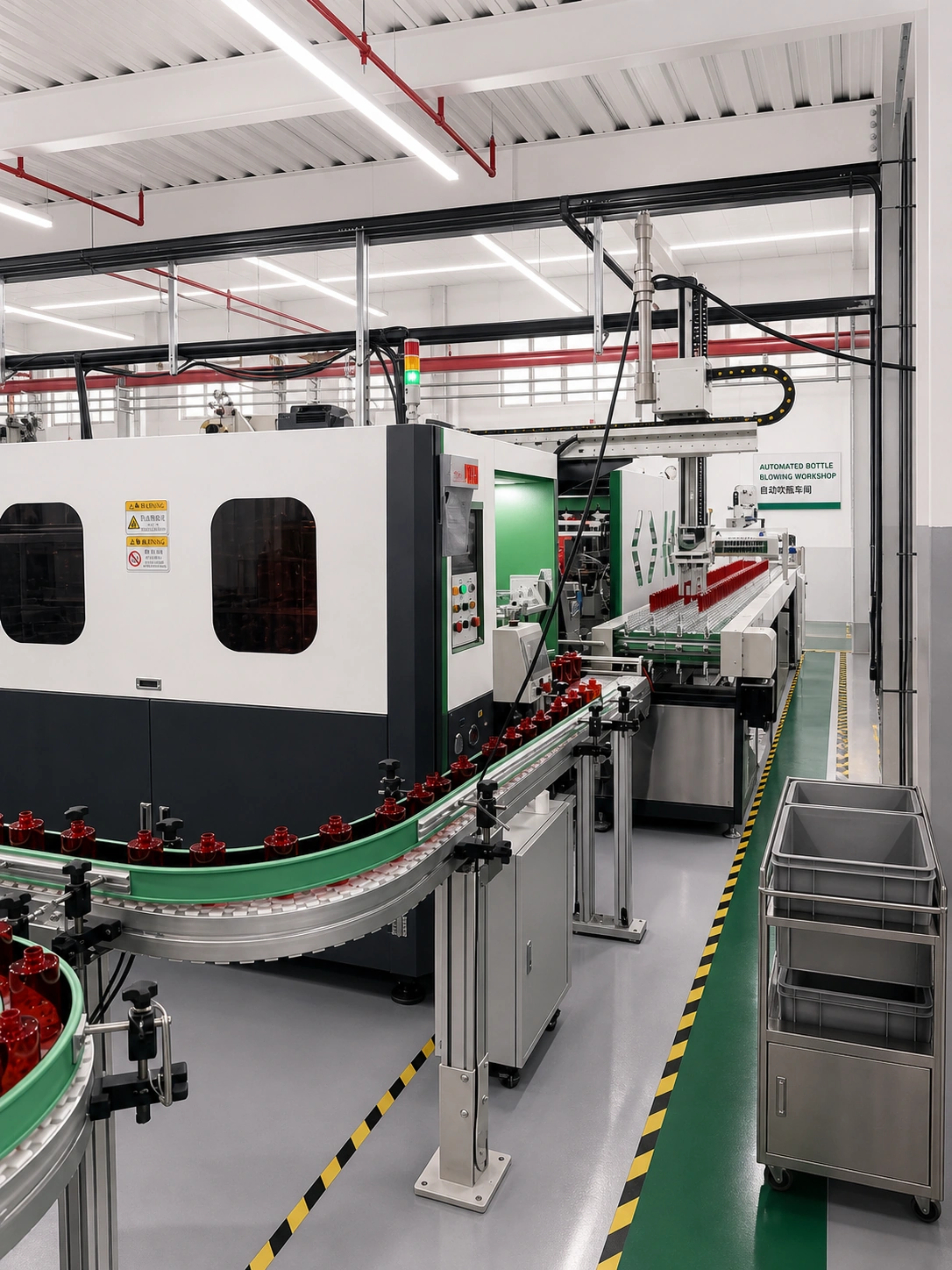 Automated blow-molding station and conveyor