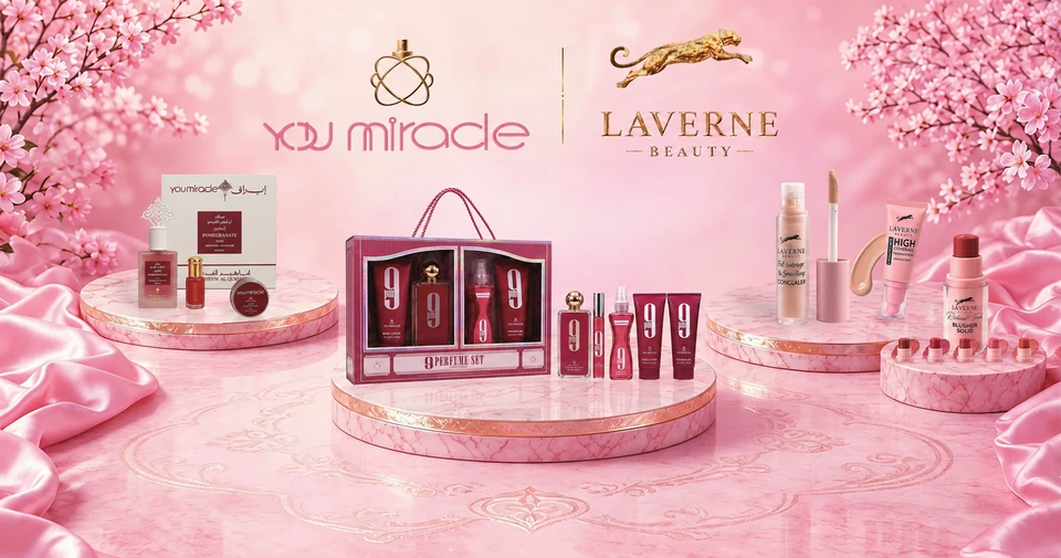 YOU MIRACLE and LAVERNE BEAUTY products displayed on a pink retail beauty stage